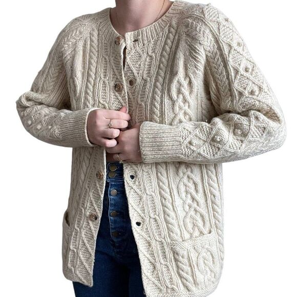 Vintage Hand Knit Womens White 100% Wool Fisherman Chunky Knit Cardigan Sz M - Picture 9 of 9